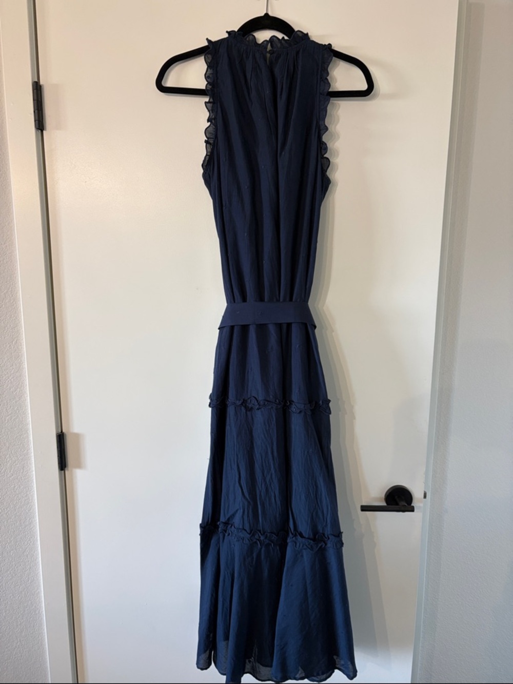 ME+EM Navy Sleeveless Cheesecloth Maxi Dress with Ruffle Trim and Waist Tie - Picture 3 of 7